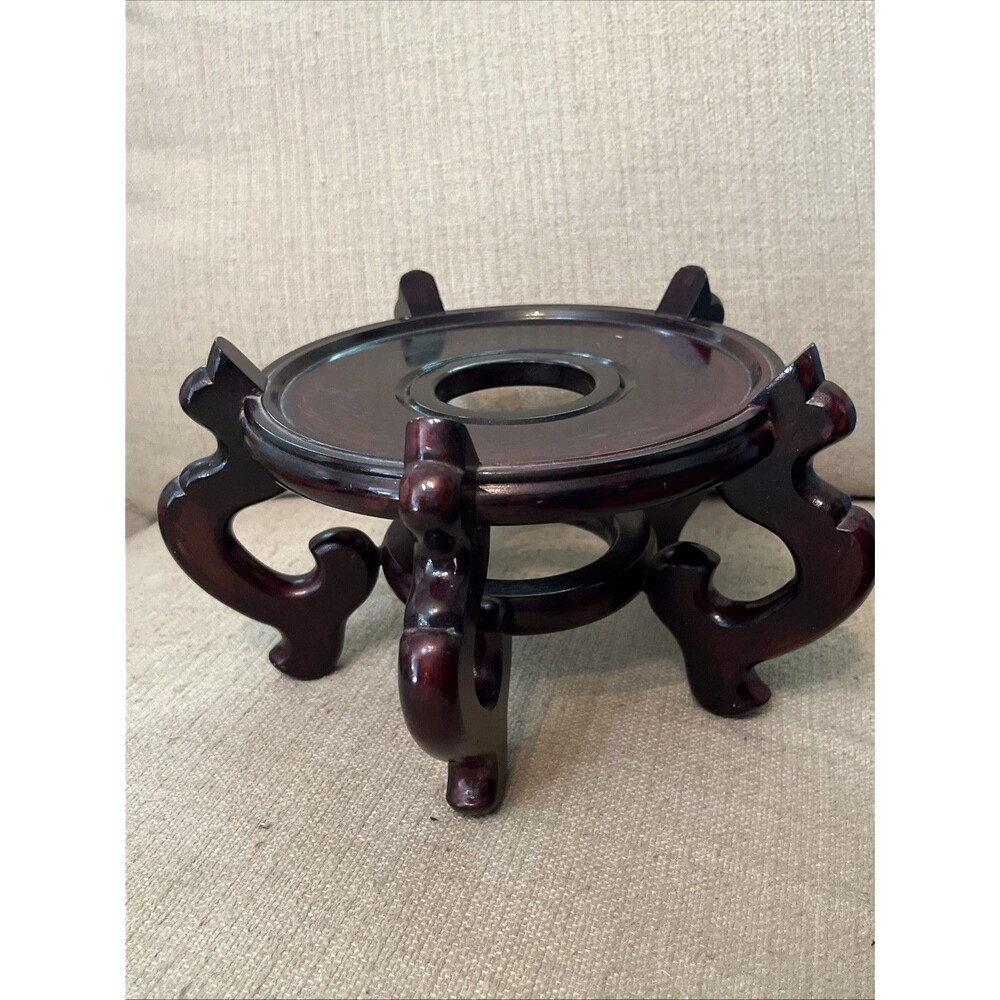 Red Rosewood Scrolled Wooden Hand Carved Chinese Pot/Vase Stand 5.75 Inch Dia